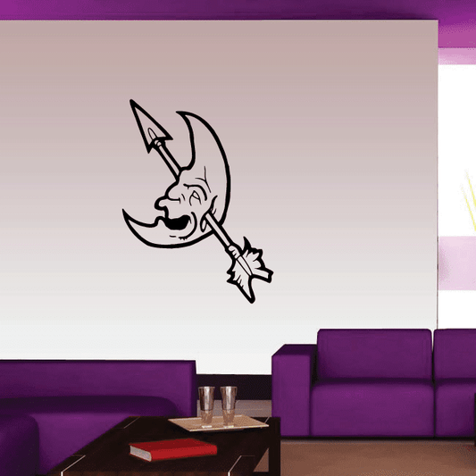 Crescent moon with arrow decal, black outline design