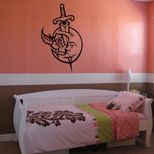 Moon and dagger wall decal, black line art sticker