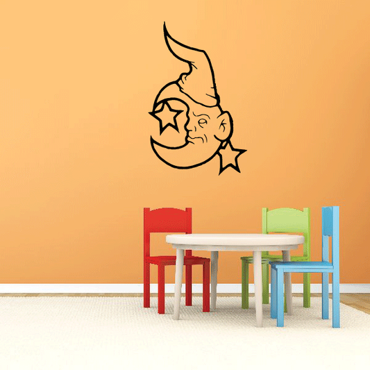 Moon with hat wall decal with star accents, black outline