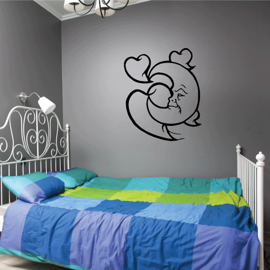 Black moon wall decal with heart shapes and cute face outline