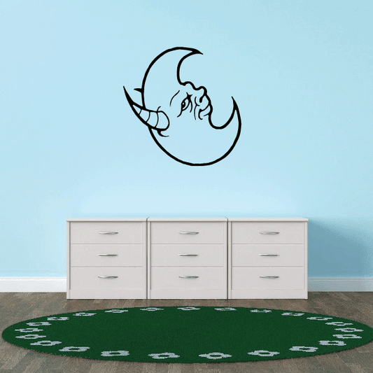 Moon with horns wall decal, stylized crescent with inner face lines in dark outline