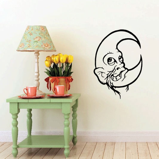 Moon wall decal with large mustache, black line art with smiling face