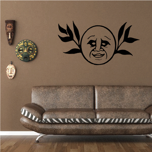 Moon with leaves wall decal, circular moon face with branching leaves, black