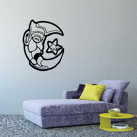 Moon-shaped decal with stylized mask face, black outline