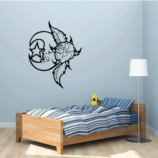 Moon and rose wall decal, black outline design