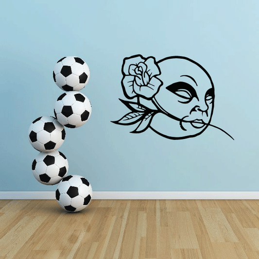 Moon and rose wall decal, black line art