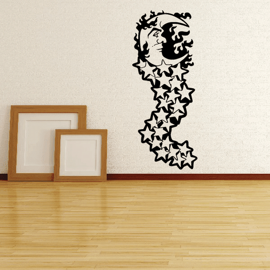 Moon and star trail wall decal with black moon silhouette and star pattern