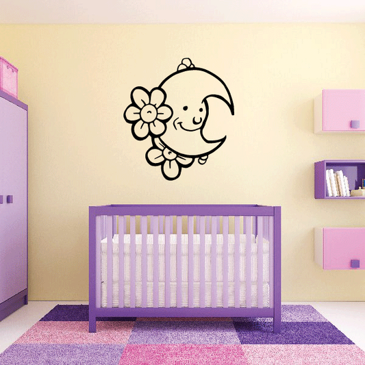 Moon and sunflower wall decal, smiling face with flower above, black outline
