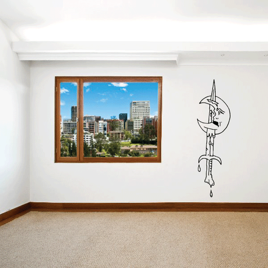 Moon and sword wall decal with thin black outline