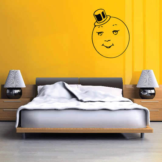 Yellow cartoon moon decal with top hat and smiling face