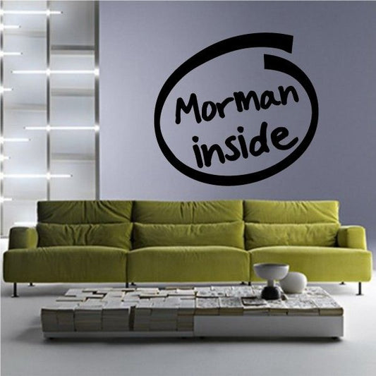 Mormon inside wall decal with black circle and bold script lettering