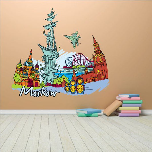 Moscow sticker with colorful Kremlin skyline, cartoon domes, and bridge illustration