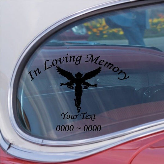 In Loving Memory car window decal with angel emblem and custom text lines