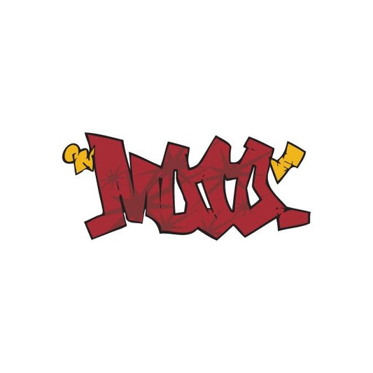 Moto graffiti sticker with red lettering and yellow accents