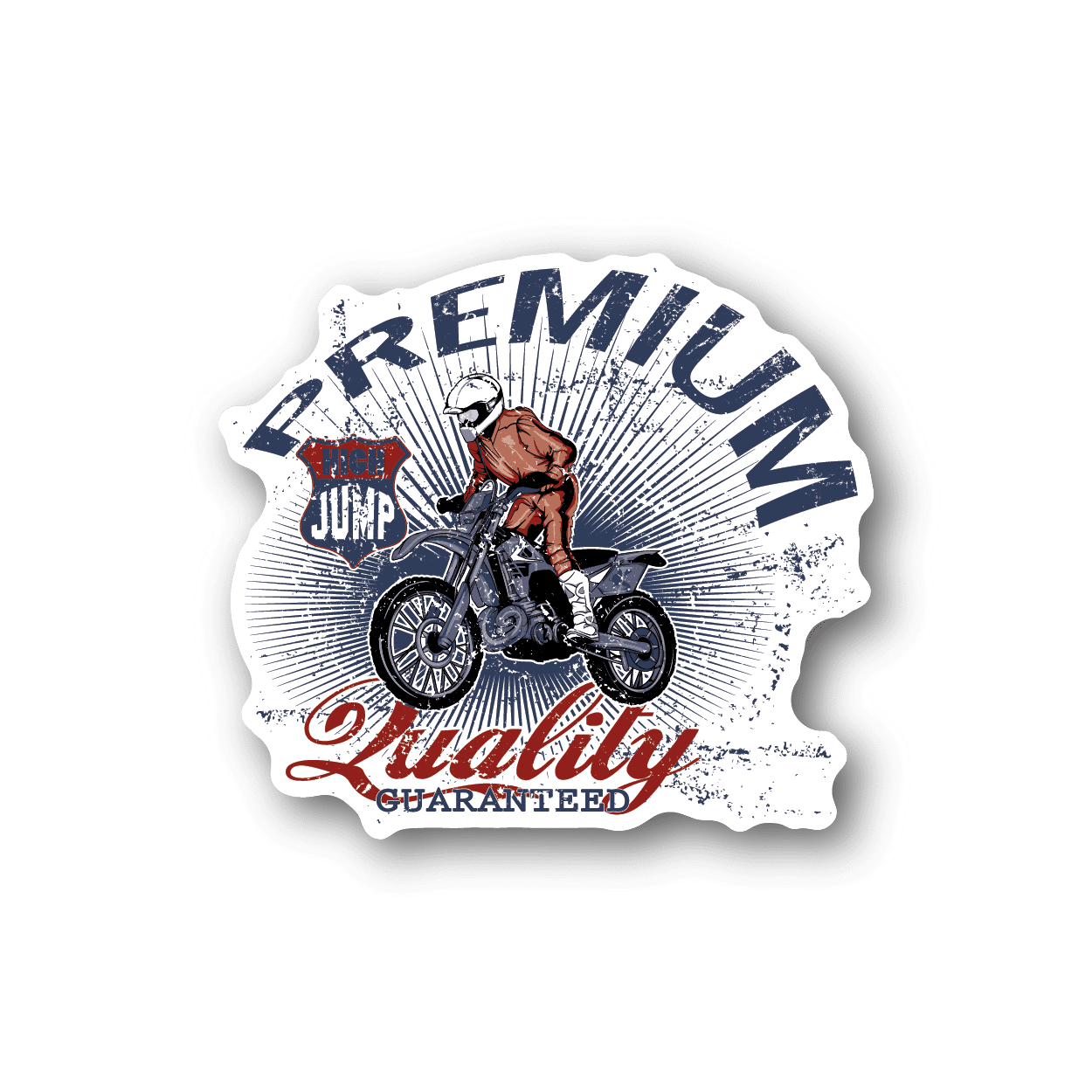 Motocross adventure vinyl sticker with motorcycle, Liberty text, Jump logo