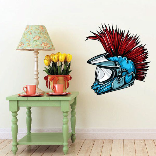 Motocross helmet sticker with blue helmet and red spiky mohawk graphics