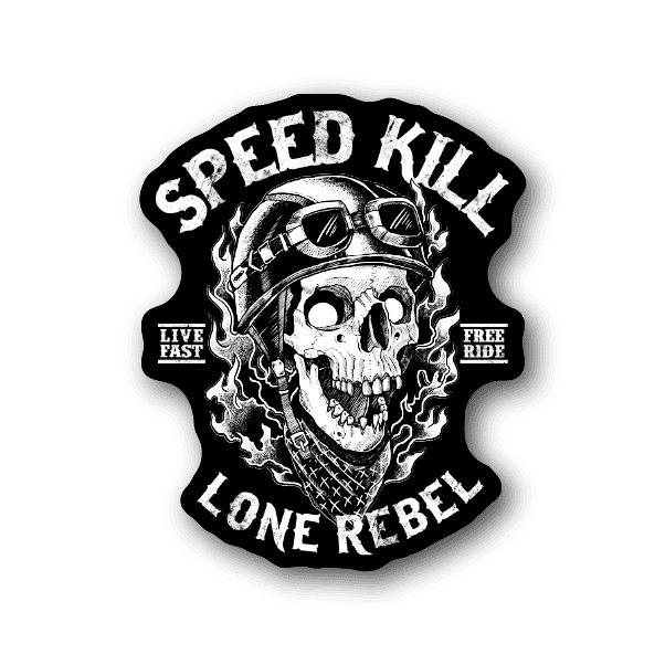 Helmeted skull motorcycle vinyl sticker with flames and SPEED KILL text
