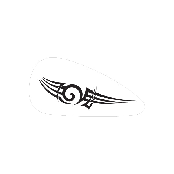 Guitar pick-shaped decal with tribal flame design for motorcycle tank