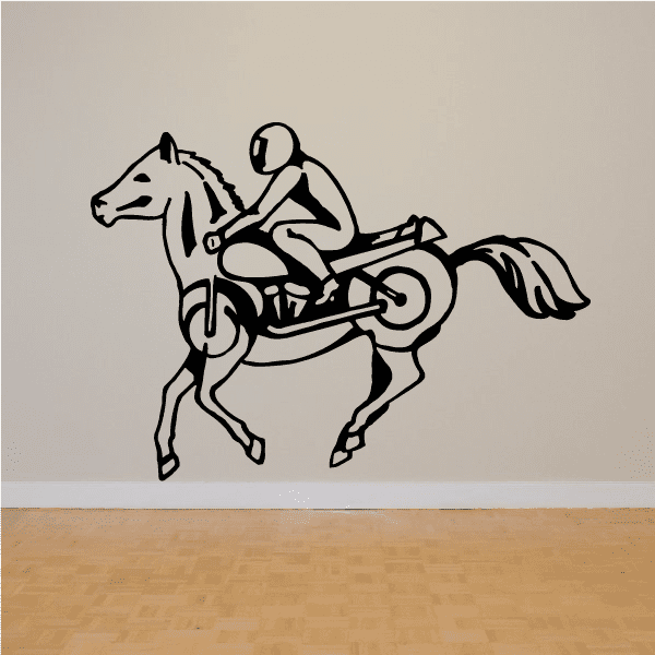Motorcycle wall decal of a rider on a horse with a motorcycle, black outline
