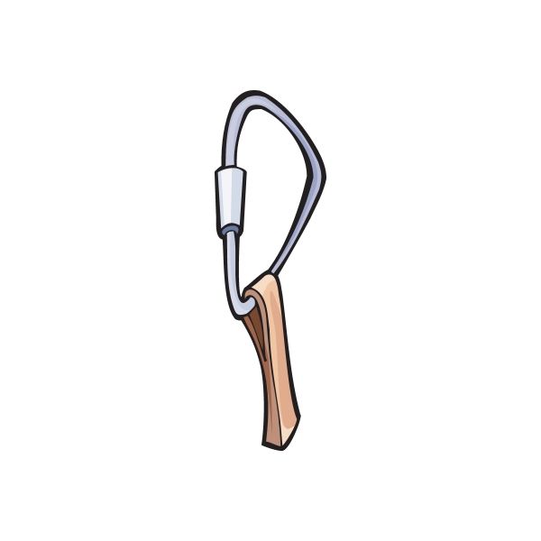 Carabiner-style climbing hook sticker with blue metal loop and tan handle
