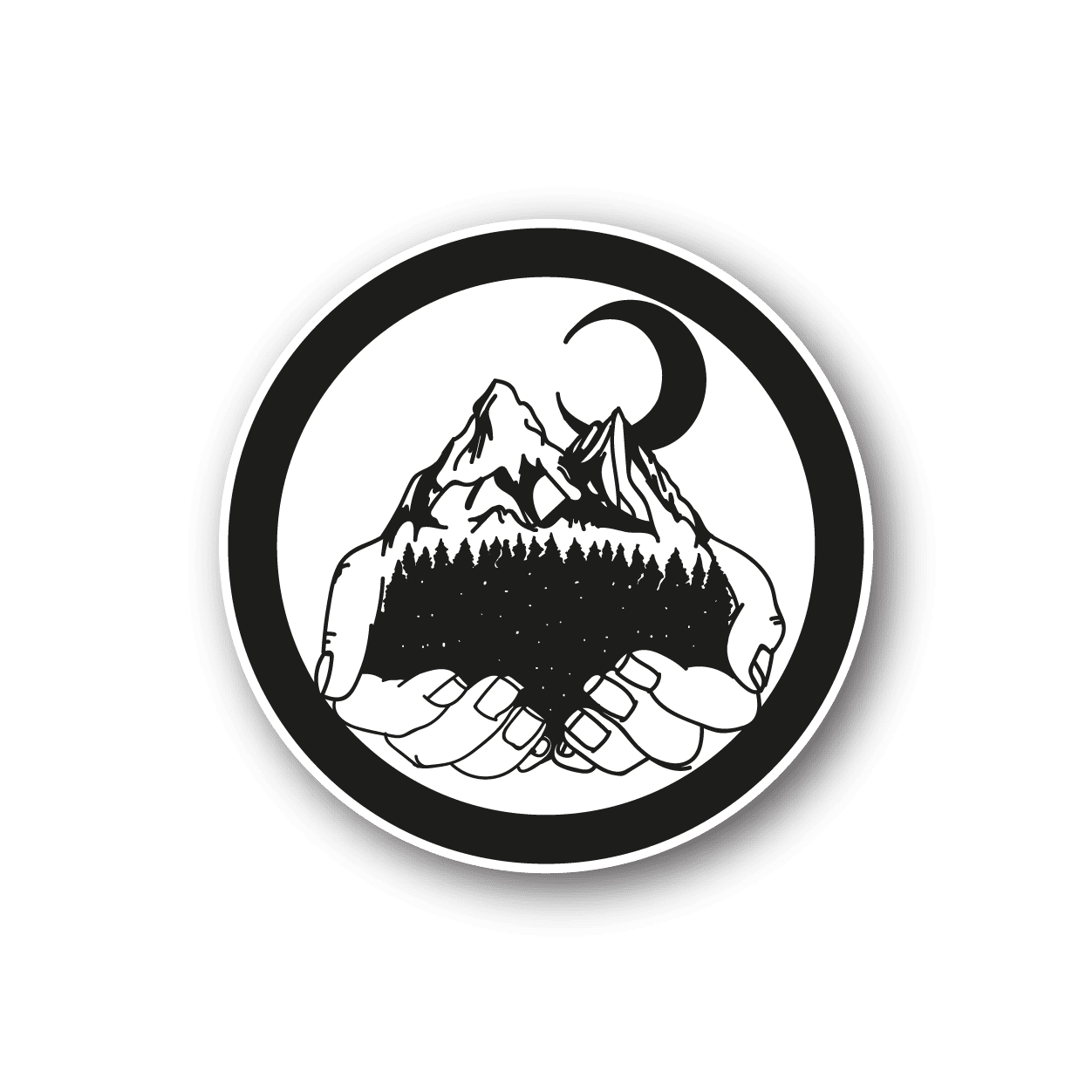 Vinyl sticker with black-and-white mountains in two hands, circular border