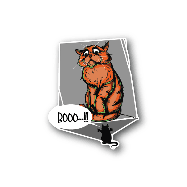 Orange cat vinyl sticker with 'BOOO....!!' text and mouse silhouette
