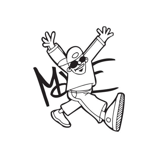 Graffiti-style cartoon character decal with motion poses and bold black outlines