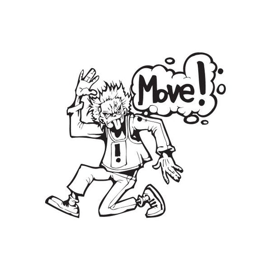 Graffiti decal sticker with a kneeling anime character and “Move” bubble text