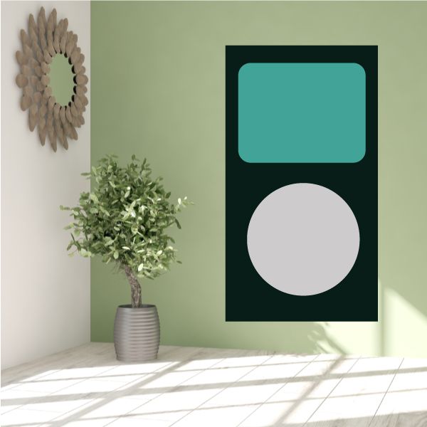 Vinyl wall decal featuring a teal rounded rectangle and white circle on dark background
