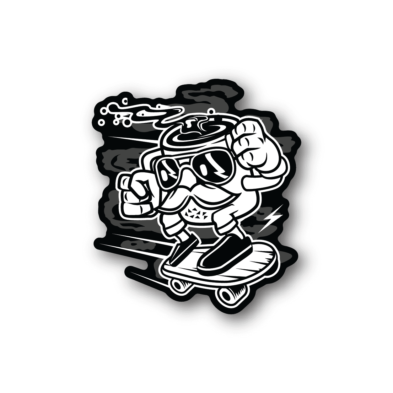 Skateboarding vinyl sticker with cartoon figure riding a skateboard, black-and-white outline