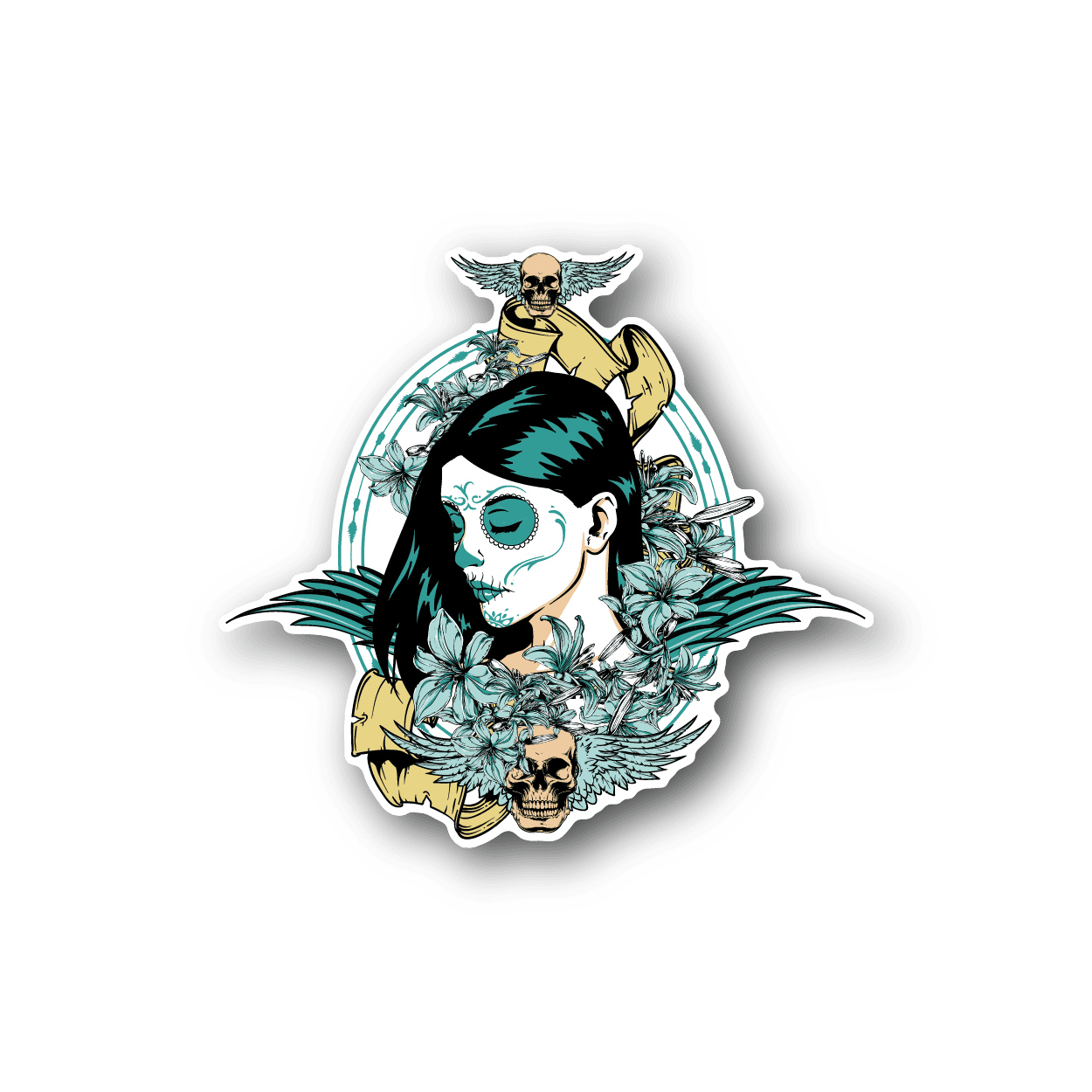 Vinyl sticker with colorful cartoon skull and anime-style face, teal and cream tones