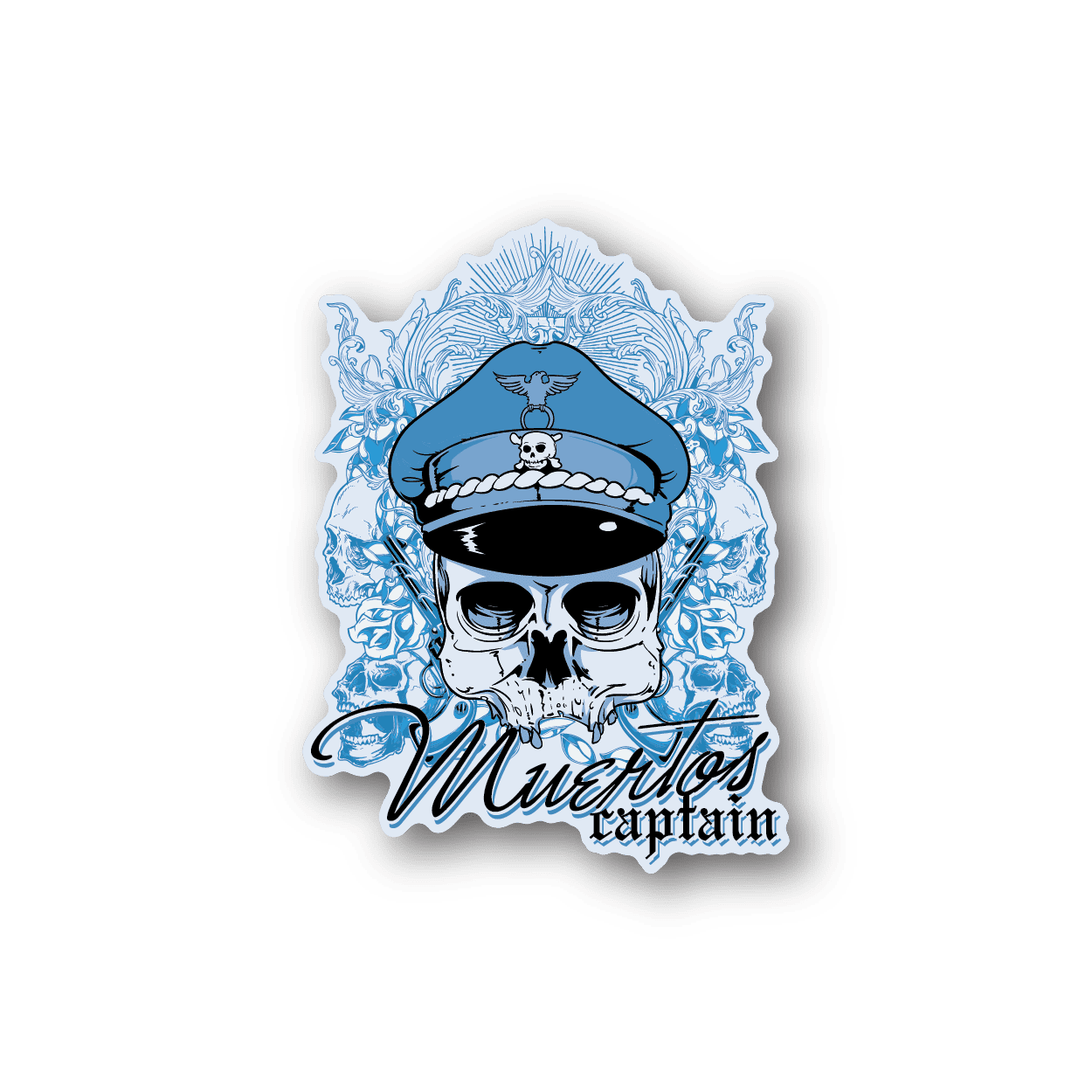 Vinyl pirate captain sticker with skull and hat, blue flames border