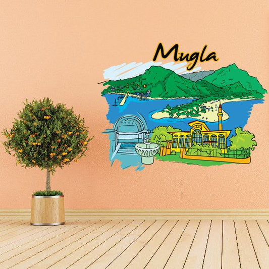 Mugla sticker with colorful city illustration, 'Mugla' text, mountains and buildings