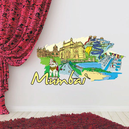 Mumbai sticker with illustrated skyline, waterway, and yellow “Mumbai” text