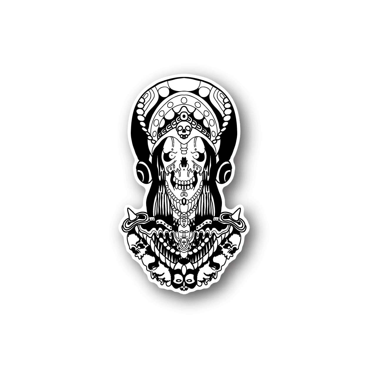 Mummy head vinyl sticker: black-and-white skull with headdress and ornaments