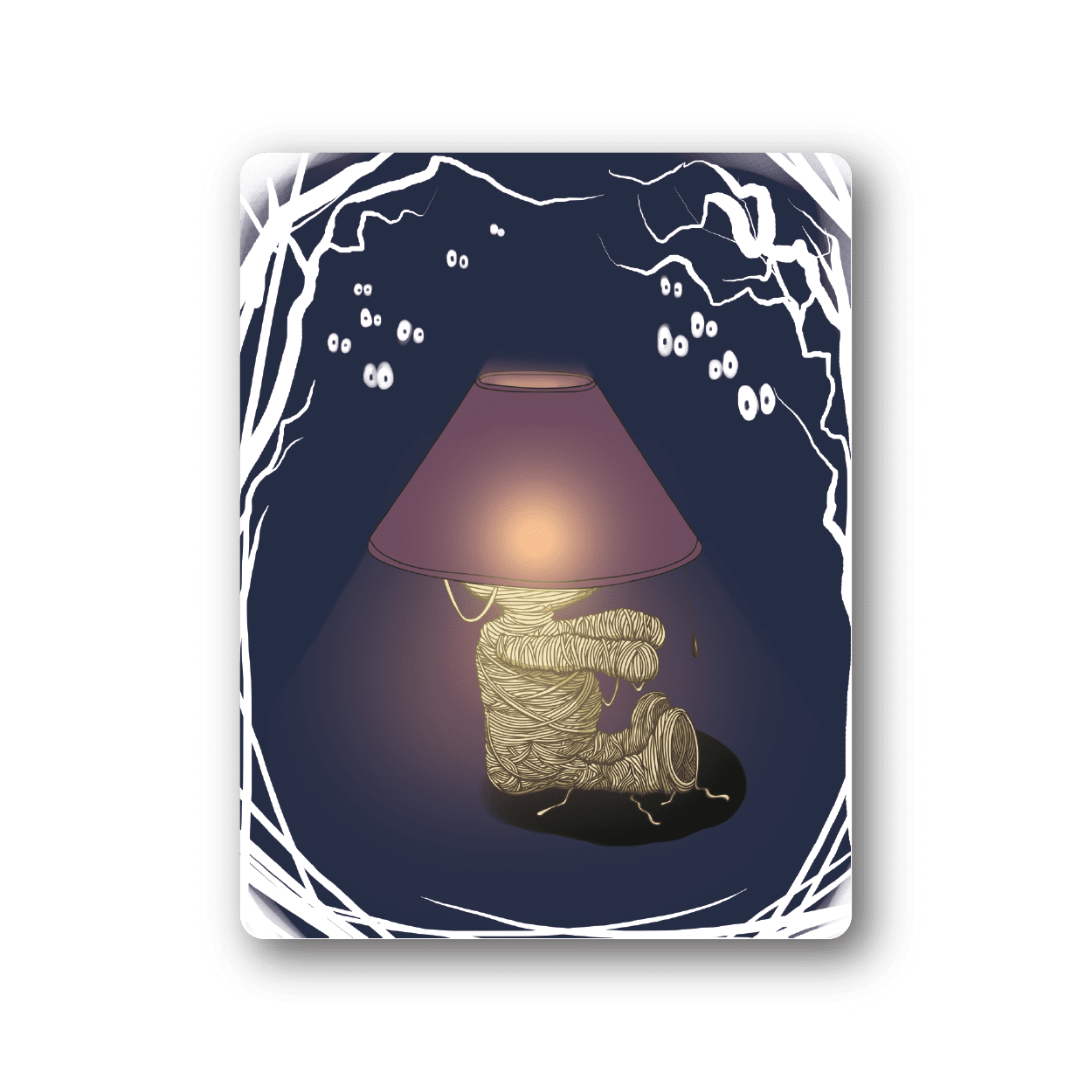 Mummy lamp vinyl sticker, rectangular with dark blue mummy and lampshade art
