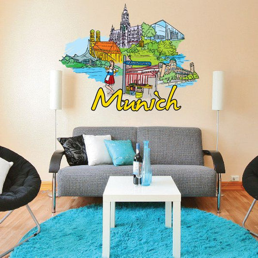 Munich skyline wall sticker with colorful buildings and “Munich” lettering