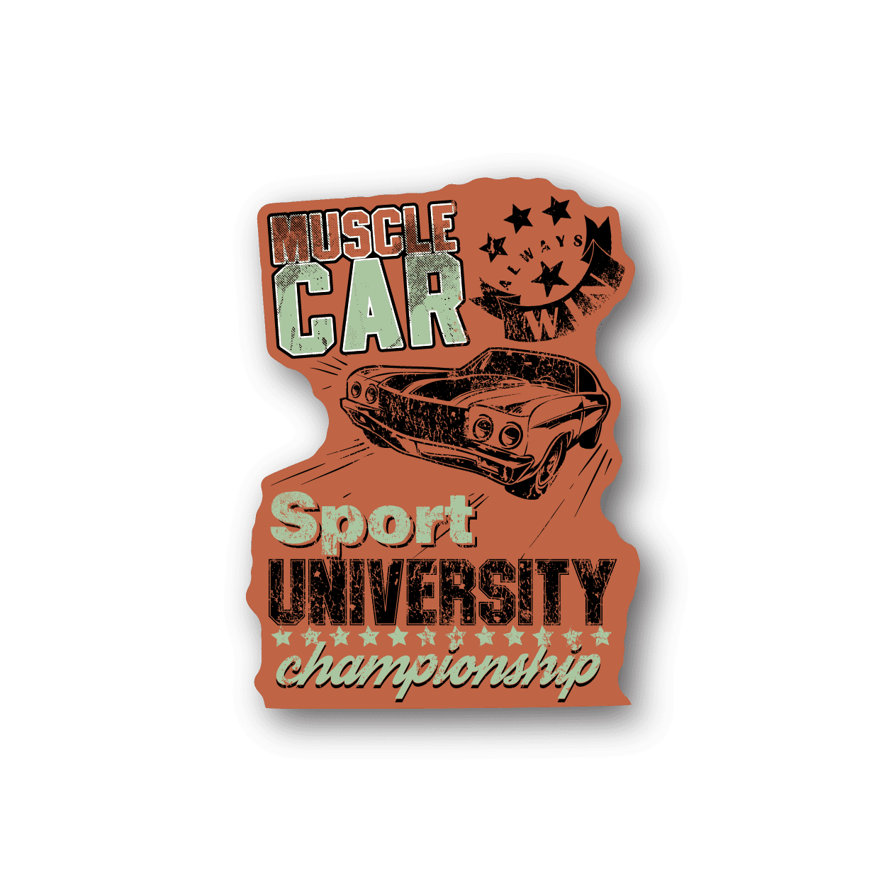 Orange muscle car sport university vinyl sticker with text and silhouette
