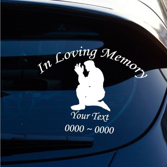 Car window decal: white angel silhouette with In Loving Memory text