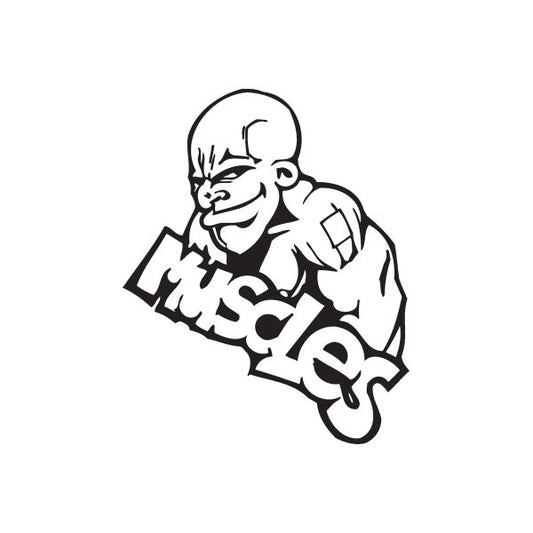 Graffiti muscles decal with cartoon boxer flexing fist and stylized barbell text