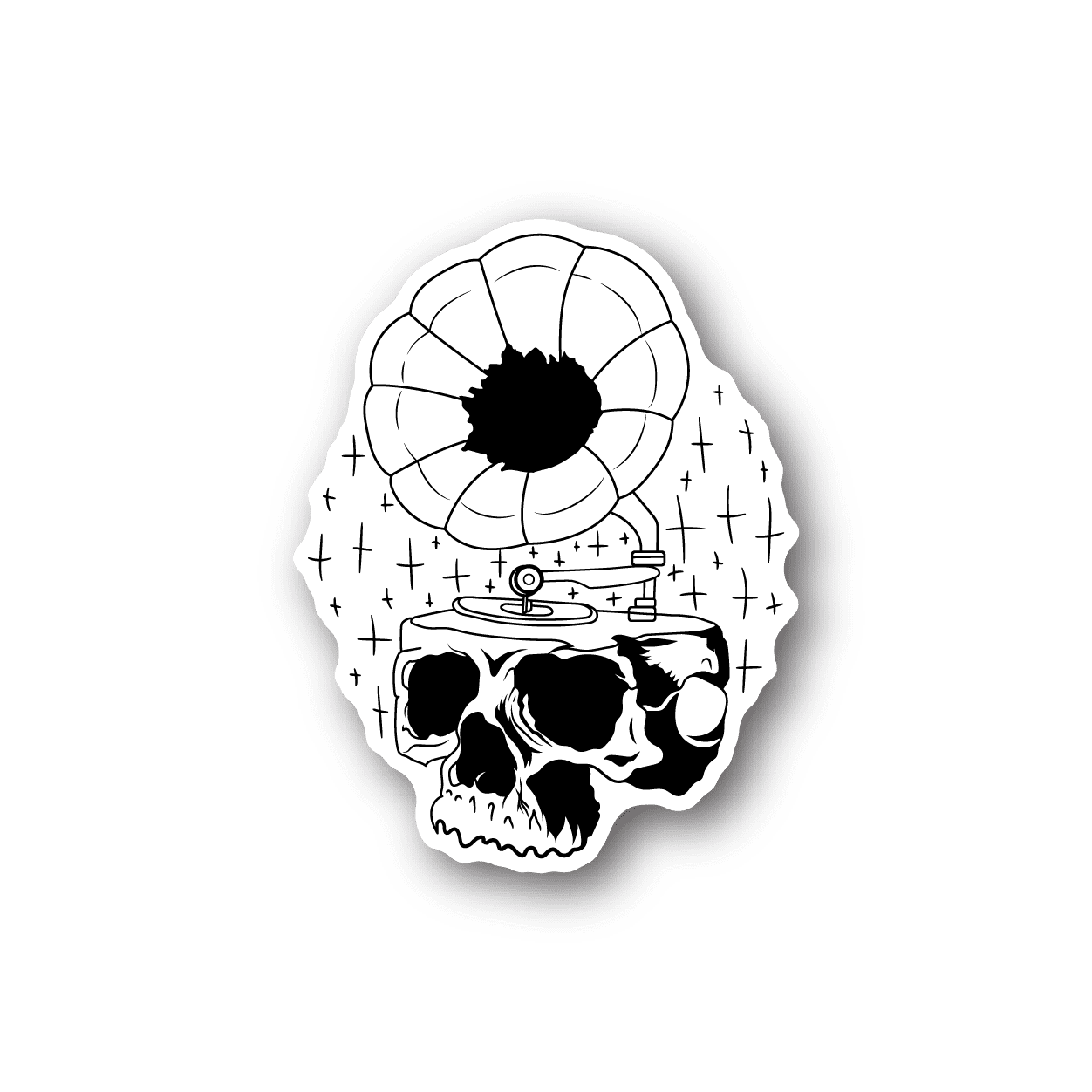 Vinyl sticker with black-and-white skull artwork, vinyl record, cross symbols, and banner