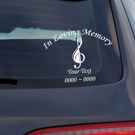 Car memorial decal with music note and text: In Loving Memory, Your Text