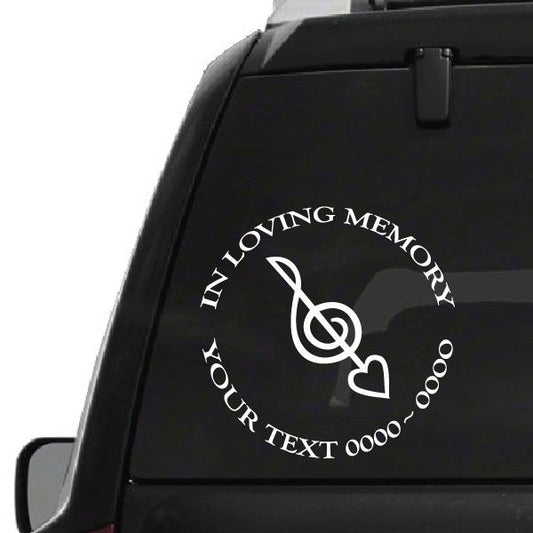 In loving memory music note heart decal with custom text and placeholder 0000