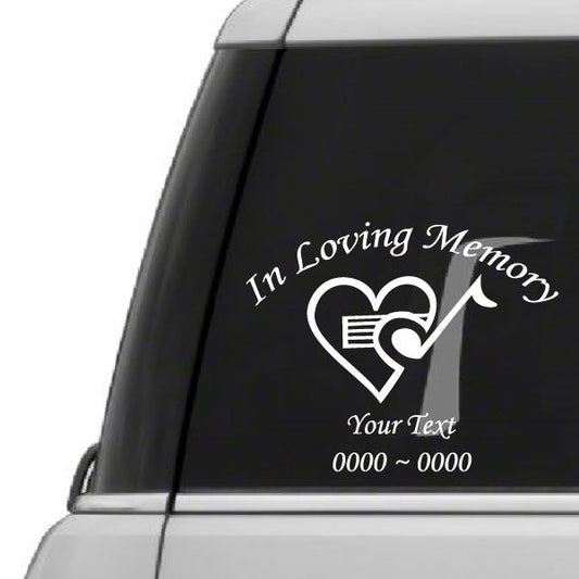 In Loving Memory memorial decal with white heart and music note, custom text and numbers