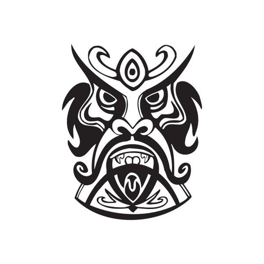 Mustached tiki decal: black tribal face with flame-like head and bold eye details