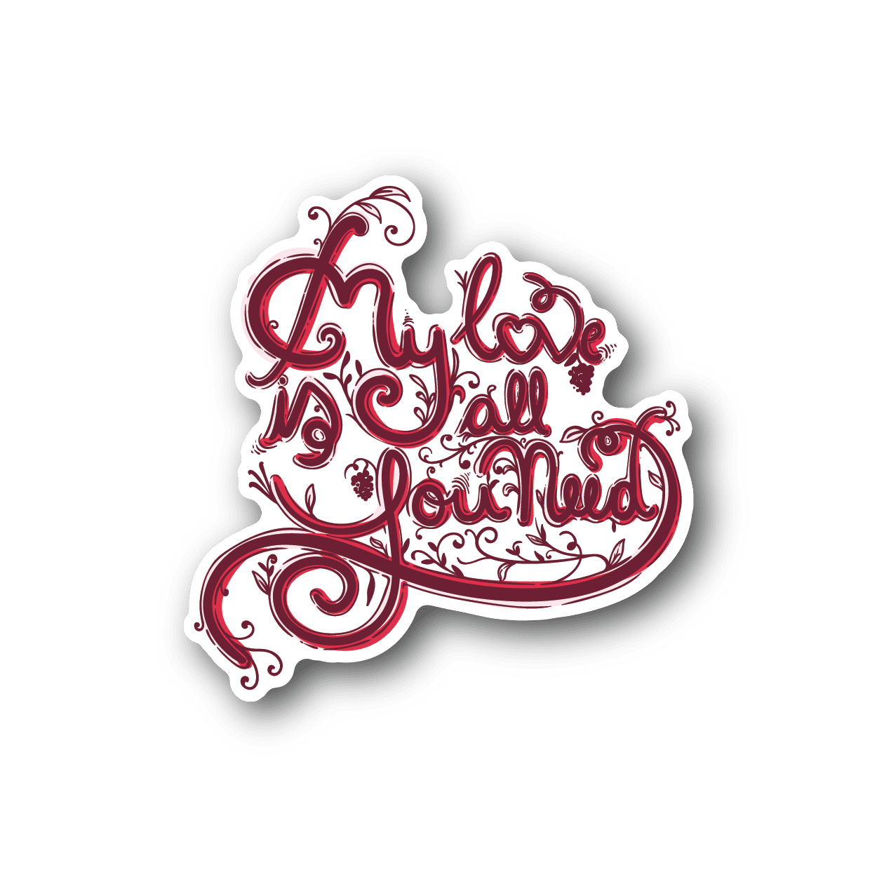 Heart-shaped vinyl sticker with red and white cursive text