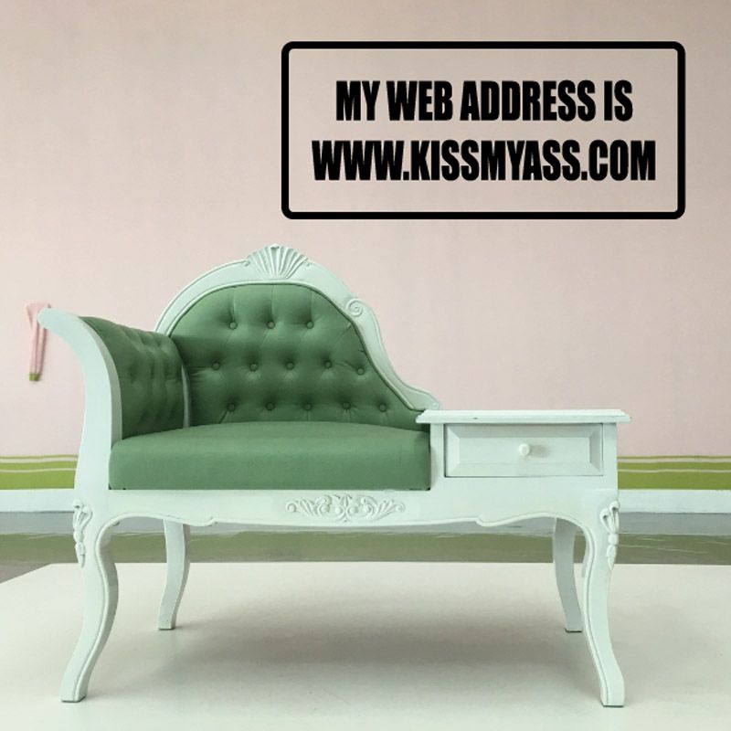 Black-bordered decal with text: MY WEB ADDRESS IS WWW.KISSMYASS.COM