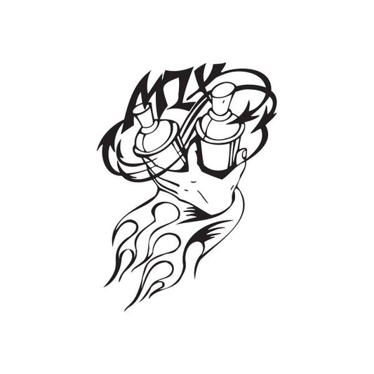 Graffiti decal sticker with black-and-white MZX character face and stylized flame lines
