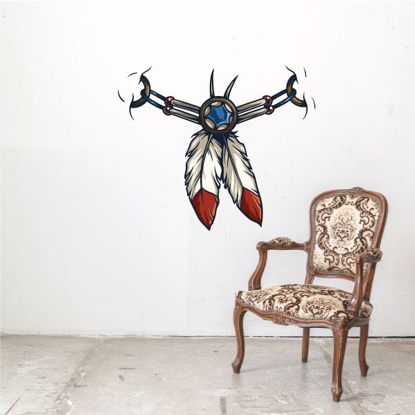 Feather and bead decorative wall decal with blue center and red-and-white plumes