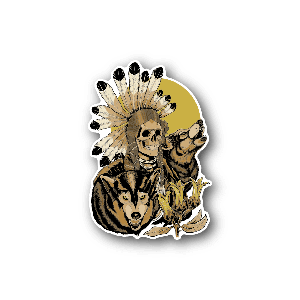 Vinyl sticker of a wolf skull chief with headdress and outlined animals